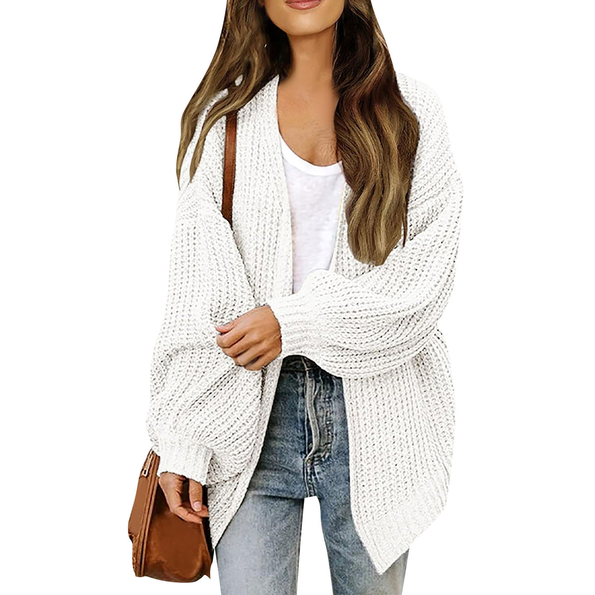Women's lantern sleeve chunky knit cardigan 2026 autumn and winter new pocket knit sweater women's coat