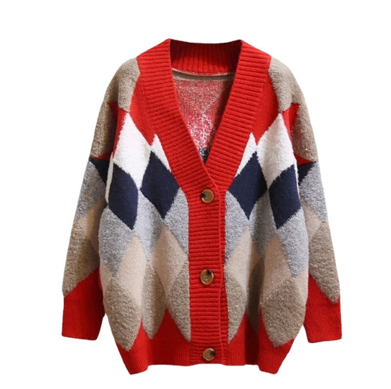2026 Autumn/Winter New Style Cardigan Sweater for Women, Knitted, Lazy Style, V-neck, Diamond Pattern, Loose Fit, Unique Style
