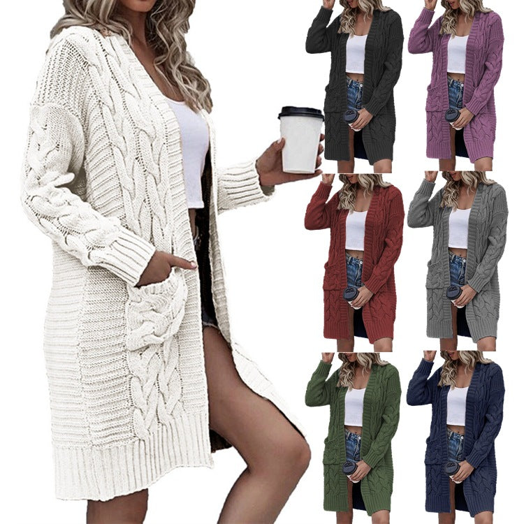2026 Autumn/Winter New Arrival - Solid Color Women's Knitted Top, Cable Knit Sweater, Cardigan, Loose Pocket Coat