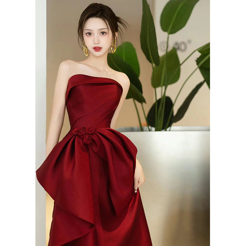 New Style High-End Wedding Dress for Brides, Petite Women, Satin Dress for Wedding Return Visit, Wine Red