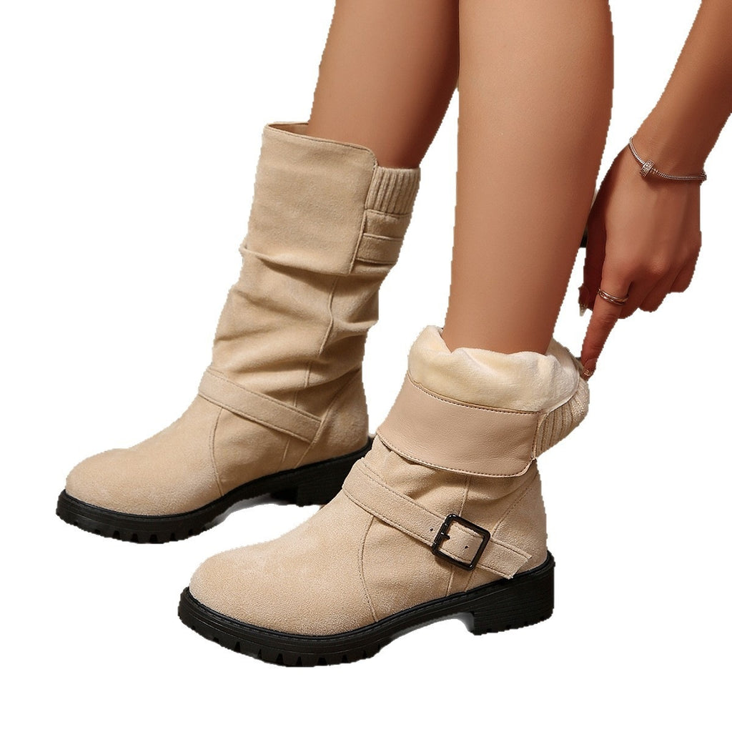 2026 Winter Fleece-Lined Cross-Border Belt Buckle Mid-Calf Boots Women's New Foreign Trade Wool Knitted Plus Size Cotton Shoes wish43