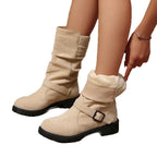 2026 Winter Fleece-Lined Cross-Border Belt Buckle Mid-Calf Boots Women's New Foreign Trade Wool Knitted Plus Size Cotton Shoes wish43