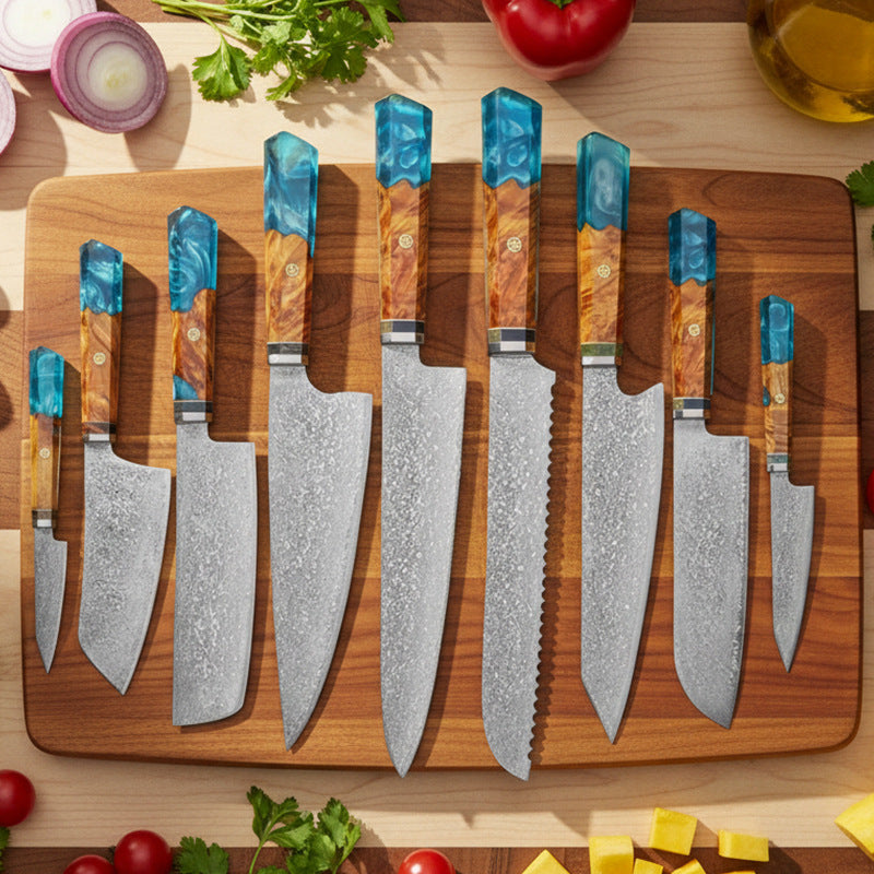 Octagonal resin handle Damascus steel chef's knife set, culinary knife combination set, Japanese chef's knife, slicing knife