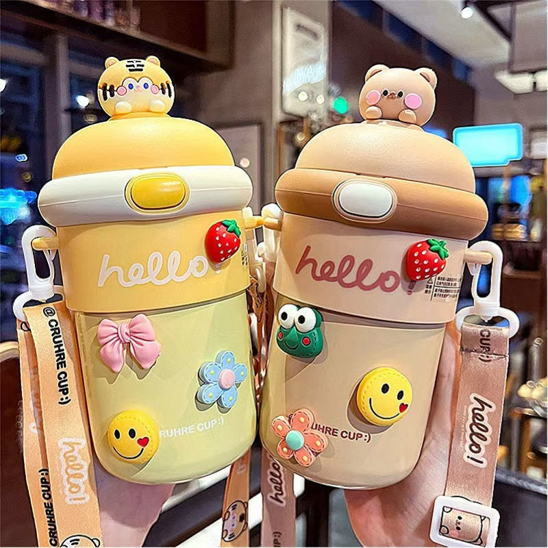 New cartoon water bottle for schoolgirls with strap, anti-scalding and heat-insulating glass cup, suitable as a gift for company team building or opening events.