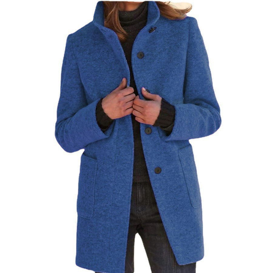 2026 Autumn/Winter Women's Clothing New Arrival Solid Color Button Stand Collar Woolen Coat