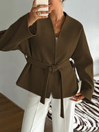 New short imitation wool coat for women, 2026 autumn and winter, loose fit, tie-up cardigan, long sleeves