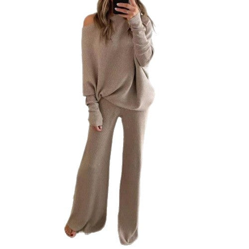 2026 Autumn/Winter Solid Color Batwing Sleeve Long Sleeve Drawstring High Waist Wide Leg Pants Knitted Two-Piece Set