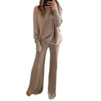 2026 Autumn/Winter Solid Color Batwing Sleeve Long Sleeve Drawstring High Waist Wide Leg Pants Knitted Two-Piece Set