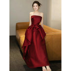 New Style High-End Wedding Dress for Brides, Petite Women, Satin Dress for Wedding Return Visit, Wine Red