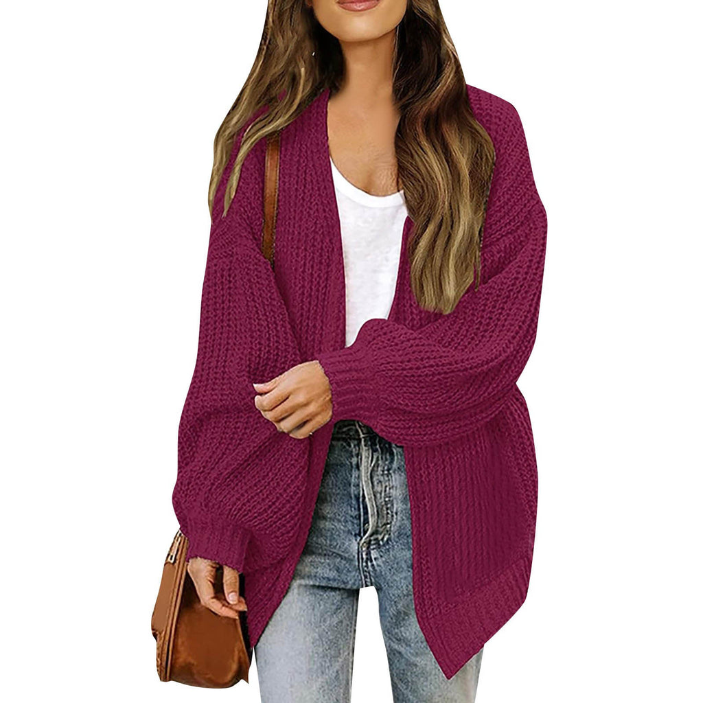 Women's lantern sleeve chunky knit cardigan 2026 autumn and winter new pocket knit sweater women's coat