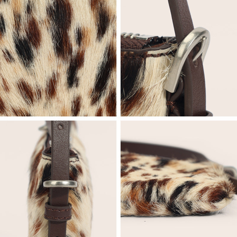 2026 Winter Leopard Print Horse Hair Shoulder Bag, Genuine Leather and Fur Trim, High-End Trendy Shoulder Bag from Factory