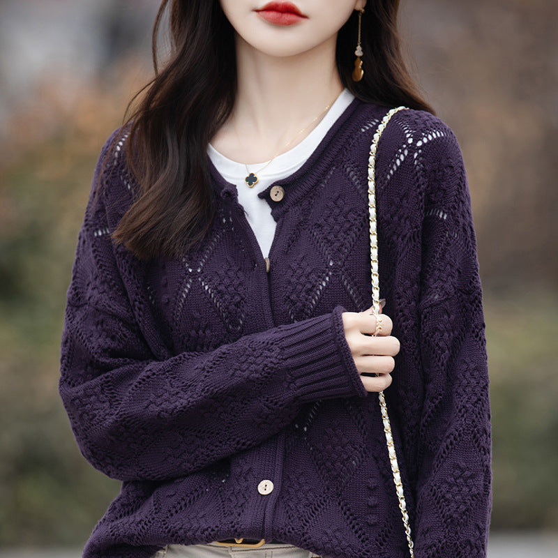 2026 Autumn/Winter New Arrival - Premium Pure Cotton Round Neck Hollow-Out Design Cardigan - Stylish Women's Coat