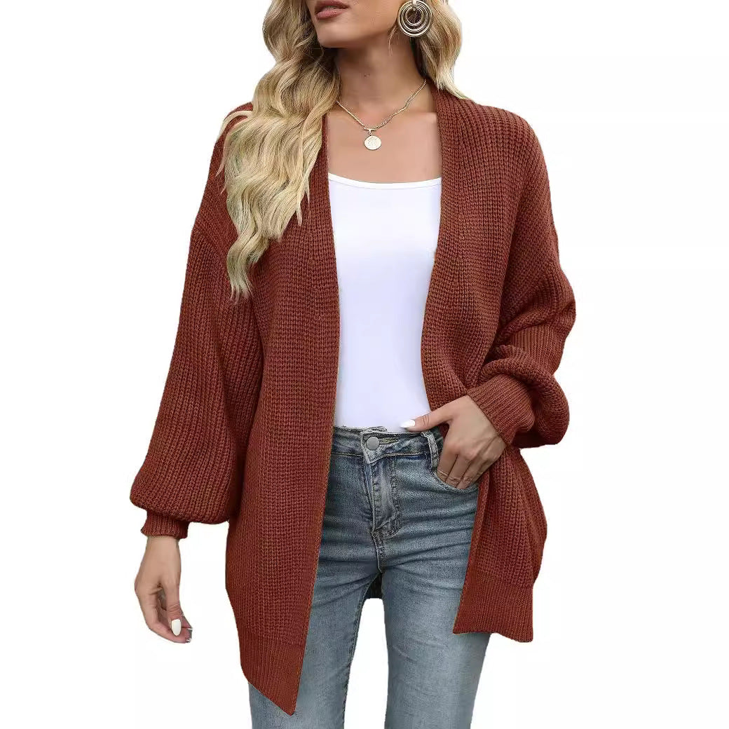 Women's lantern sleeve chunky knit cardigan 2026 autumn and winter new pocket knit sweater women's coat