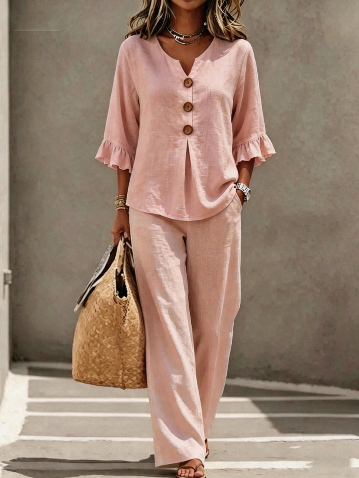 2026 Autumn/Winter New V-neck Button-up Ruffle Three-quarter Sleeve T-shirt and Trousers Fashionable Casual Two-Piece Women's Clothing