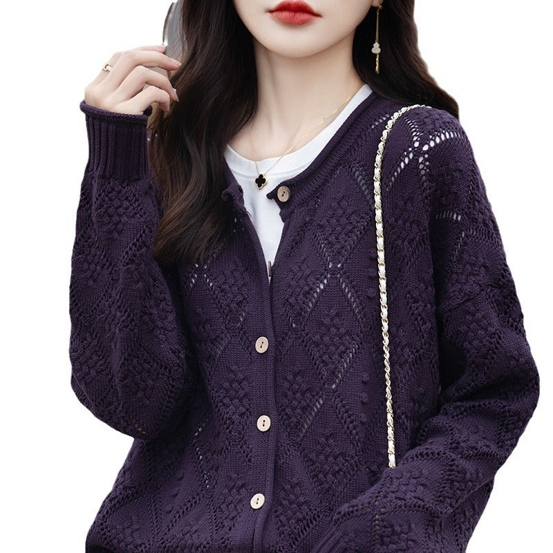 2026 Autumn/Winter New Arrival - Premium Pure Cotton Round Neck Hollow-Out Design Cardigan - Stylish Women's Coat