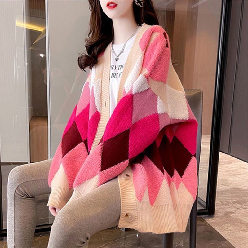 2026 Autumn/Winter New Style Cardigan Sweater for Women, Knitted, Lazy Style, V-neck, Diamond Pattern, Loose Fit, Unique Style