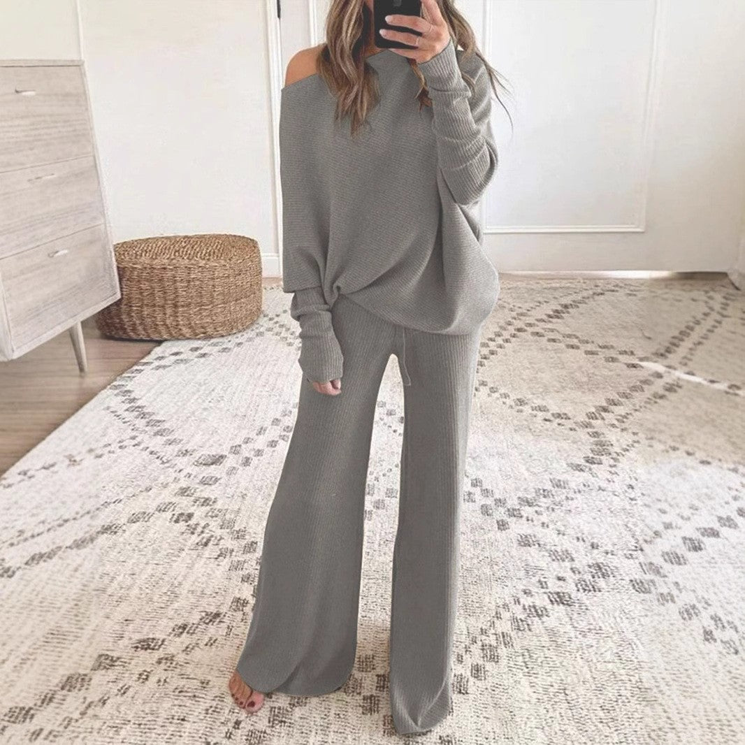 2026 Autumn/Winter Solid Color Batwing Sleeve Long Sleeve Drawstring High Waist Wide Leg Pants Knitted Two-Piece Set