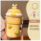 New cartoon water bottle for schoolgirls with strap, anti-scalding and heat-insulating glass cup, suitable as a gift for company team building or opening events.
