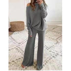 2026 Autumn/Winter Solid Color Batwing Sleeve Long Sleeve Drawstring High Waist Wide Leg Pants Knitted Two-Piece Set