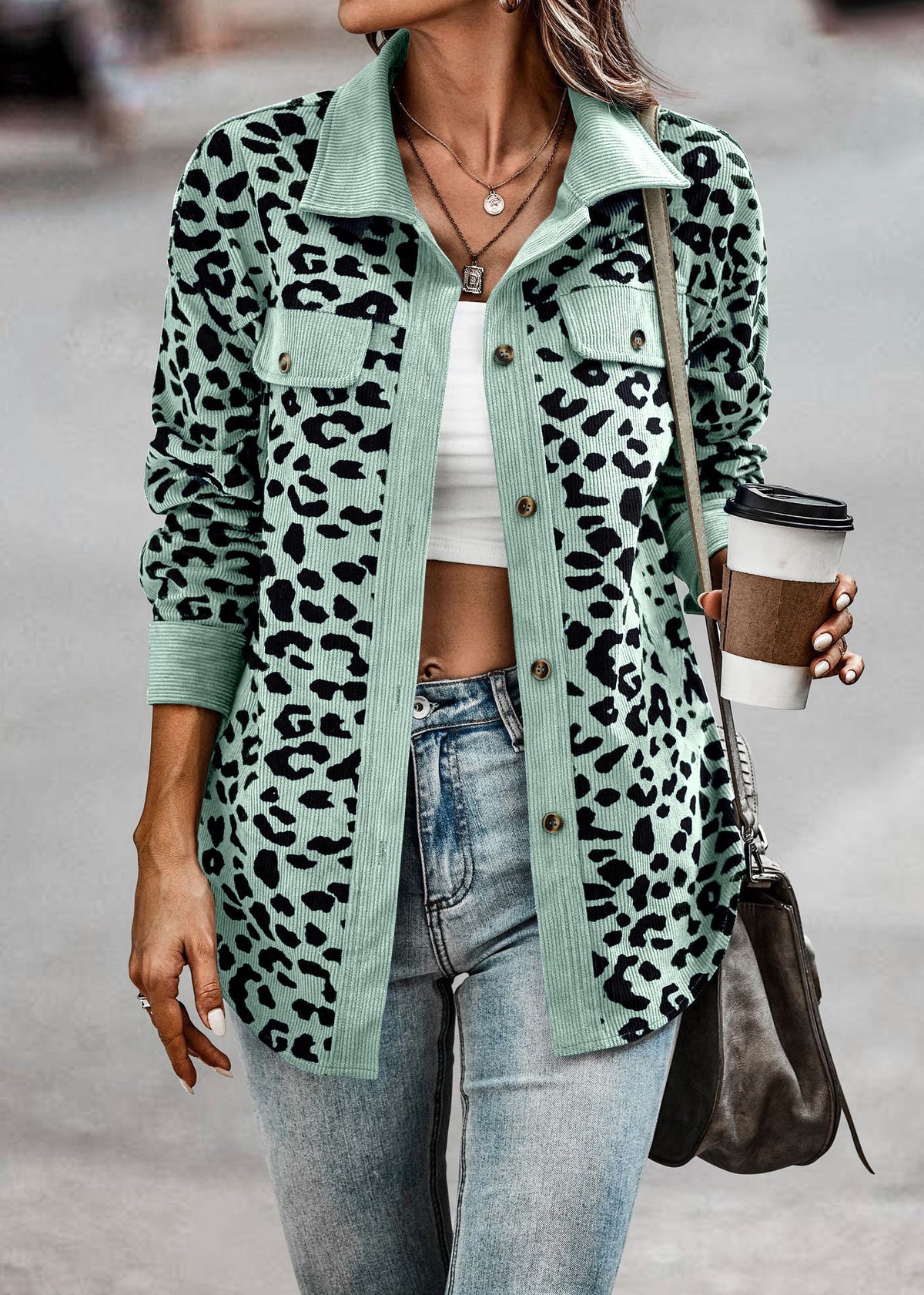 2026 Casual Style Cross-border Women's Clothing Autumn and Winter Fashion Leopard Print Button-down Long-sleeved Jacket