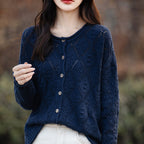 2026 Autumn/Winter New Arrival - Premium Pure Cotton Round Neck Hollow-Out Design Cardigan - Stylish Women's Coat