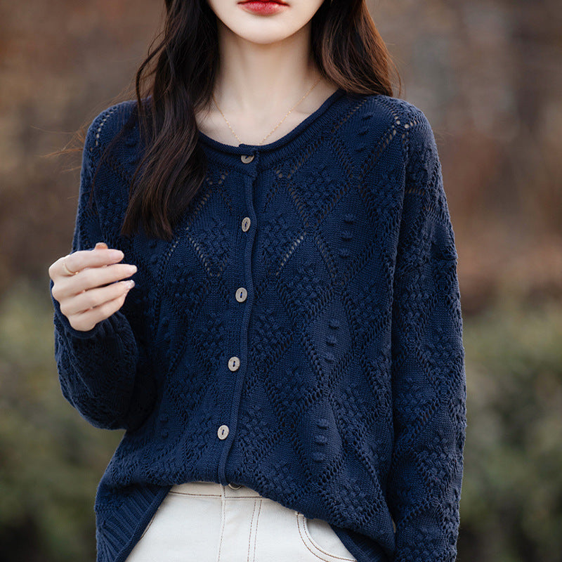 2026 Autumn/Winter New Arrival - Premium Pure Cotton Round Neck Hollow-Out Design Cardigan - Stylish Women's Coat