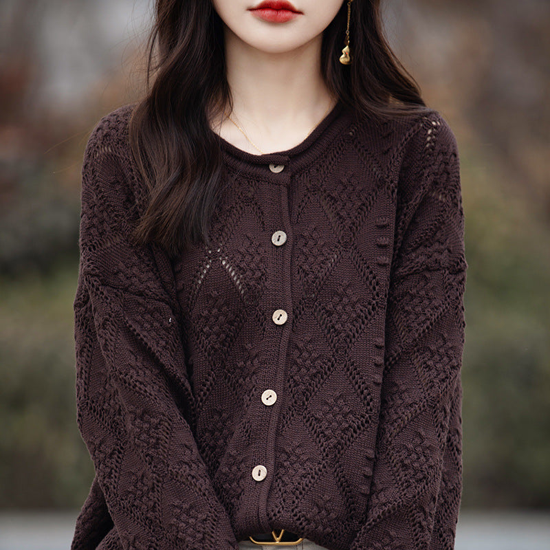 2026 Autumn/Winter New Arrival - Premium Pure Cotton Round Neck Hollow-Out Design Cardigan - Stylish Women's Coat