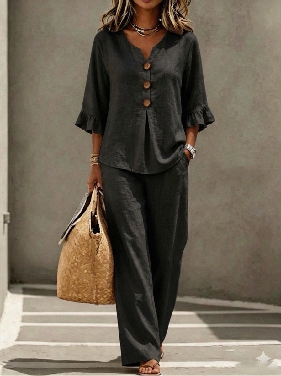 2026 Autumn/Winter New V-neck Button-up Ruffle Three-quarter Sleeve T-shirt and Trousers Fashionable Casual Two-Piece Women's Clothing