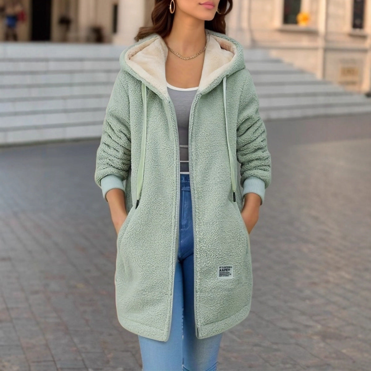 Women's Fleece-Lined Thick Mid-Length Lambswool Sweatshirt, 2026 New Autumn/Winter Style, Embroidered Letter Zipper Jacket