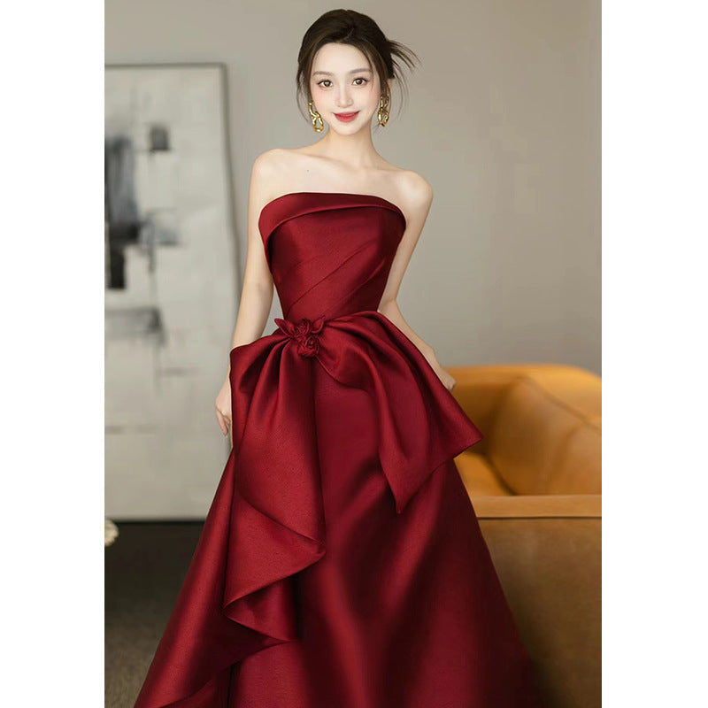 New Style High-End Wedding Dress for Brides, Petite Women, Satin Dress for Wedding Return Visit, Wine Red