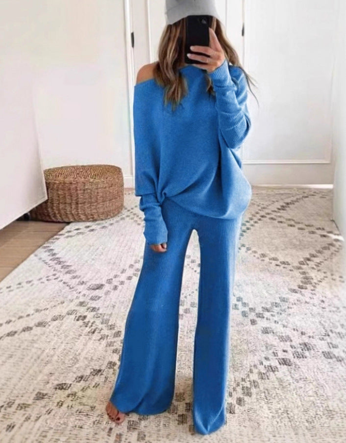 2026 Autumn/Winter Solid Color Batwing Sleeve Long Sleeve Drawstring High Waist Wide Leg Pants Knitted Two-Piece Set