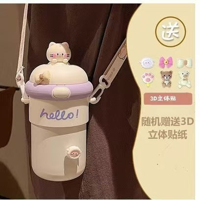 New cartoon water bottle for schoolgirls with strap, anti-scalding and heat-insulating glass cup, suitable as a gift for company team building or opening events.