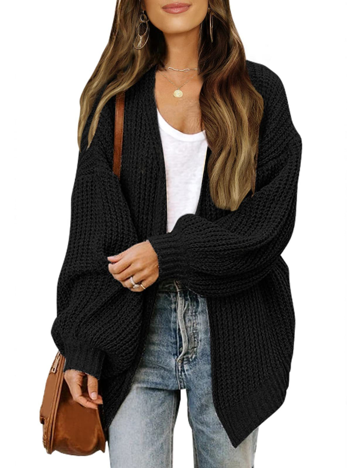 Women's lantern sleeve chunky knit cardigan 2026 autumn and winter new pocket knit sweater women's coat