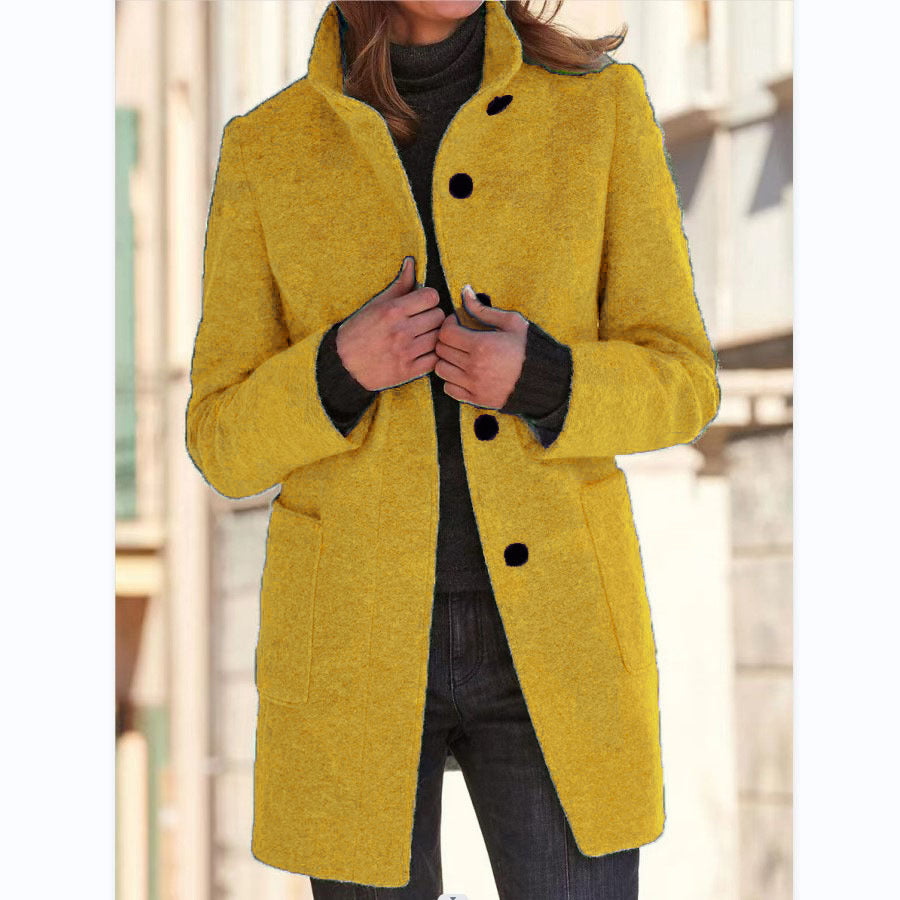 2026 Autumn/Winter Women's Clothing New Arrival Solid Color Button Stand Collar Woolen Coat