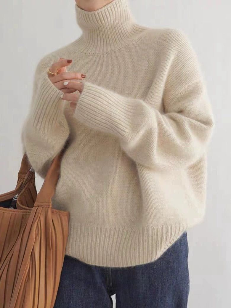 High-neck sweater, 2026 autumn and winter loose-fitting versatile knit pullover style women's base layer.