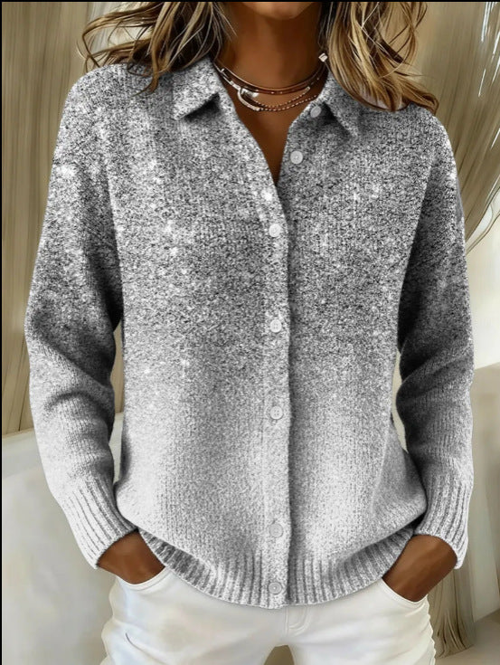 2026 New Women's Shirt, Collared Cardigan, Solid Color Knit 3D Print, Christmas Autumn/Winter