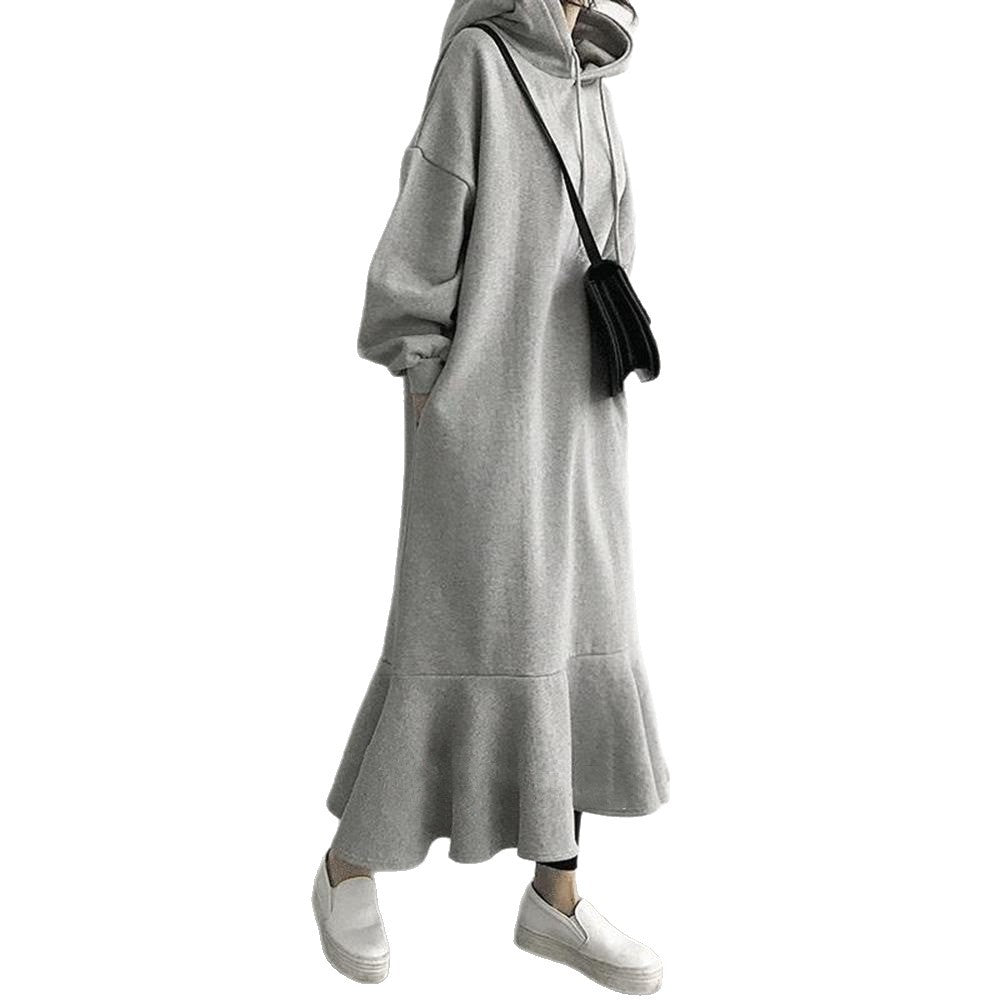 2026 Korean and Japanese Style Autumn/Winter Loose-fitting Hooded Sweatshirt Dress, Over-the-Knee Fishtail Long Dress