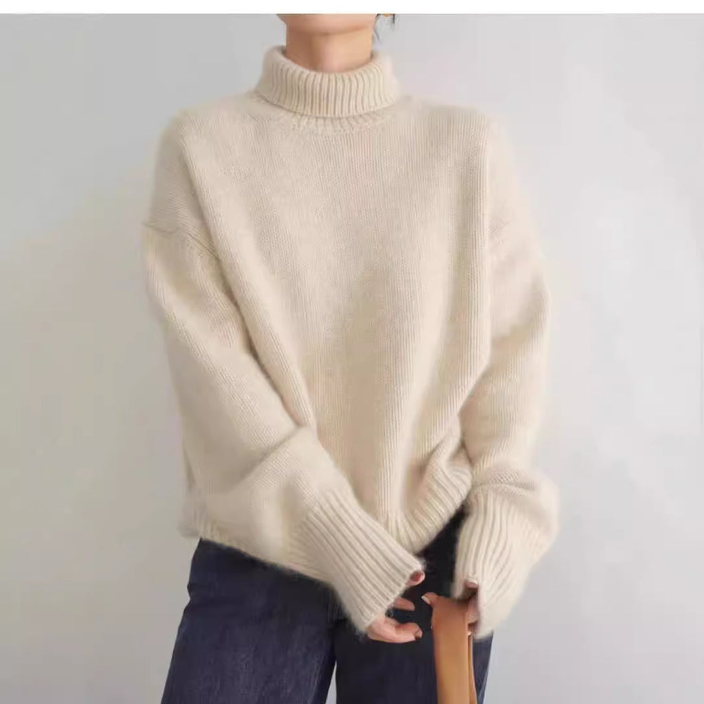 High-neck sweater, 2026 autumn and winter loose-fitting versatile knit pullover style women's base layer.
