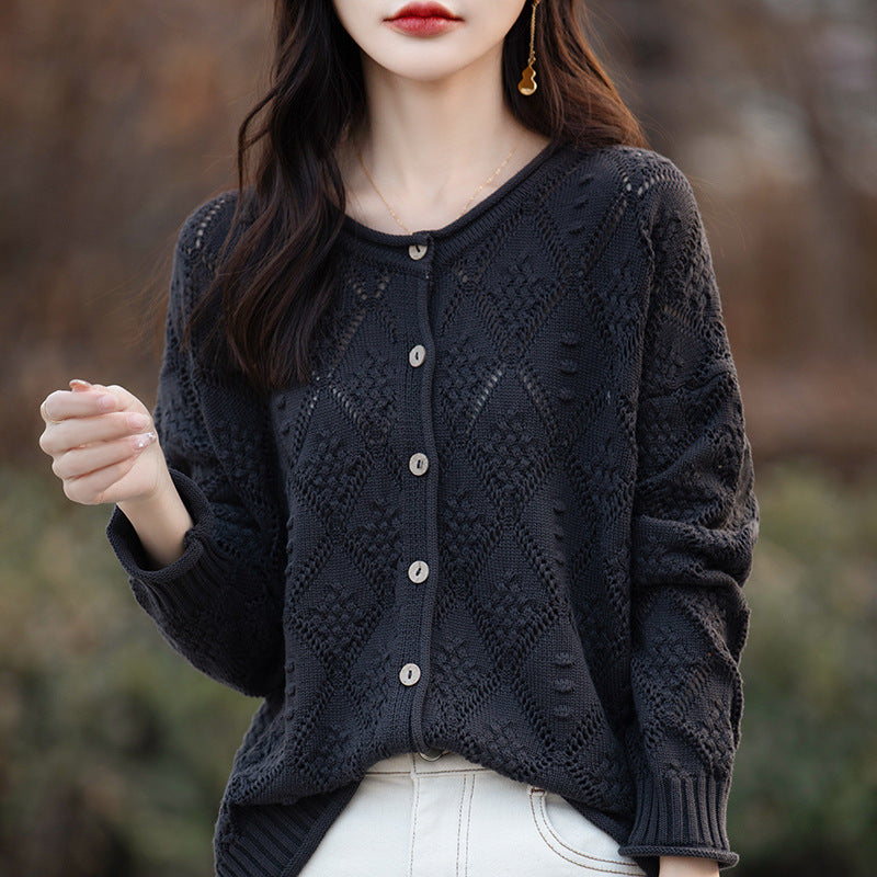 2026 Autumn/Winter New Arrival - Premium Pure Cotton Round Neck Hollow-Out Design Cardigan - Stylish Women's Coat