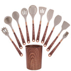Silicone wood grain kitchenware set, 11-piece non-stick pan, spoon, and spatula set with anti-scalding gold-plated wood grain handles.