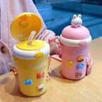New cartoon water bottle for schoolgirls with strap, anti-scalding and heat-insulating glass cup, suitable as a gift for company team building or opening events.