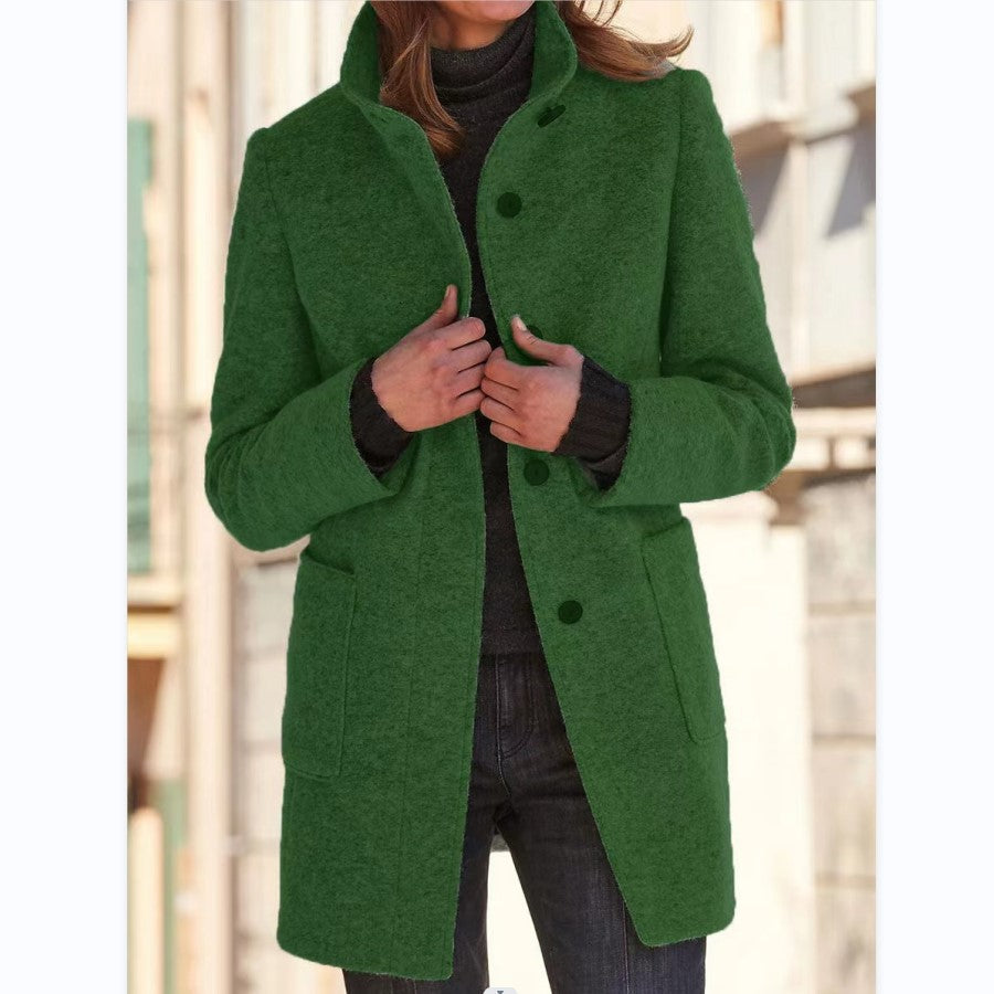 2026 Autumn/Winter Women's Clothing New Arrival Solid Color Button Stand Collar Woolen Coat