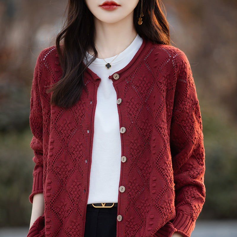 2026 Autumn/Winter New Arrival - Premium Pure Cotton Round Neck Hollow-Out Design Cardigan - Stylish Women's Coat