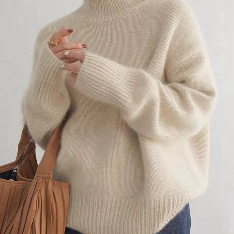 High-neck sweater, 2026 autumn and winter loose-fitting versatile knit pullover style women's base layer.