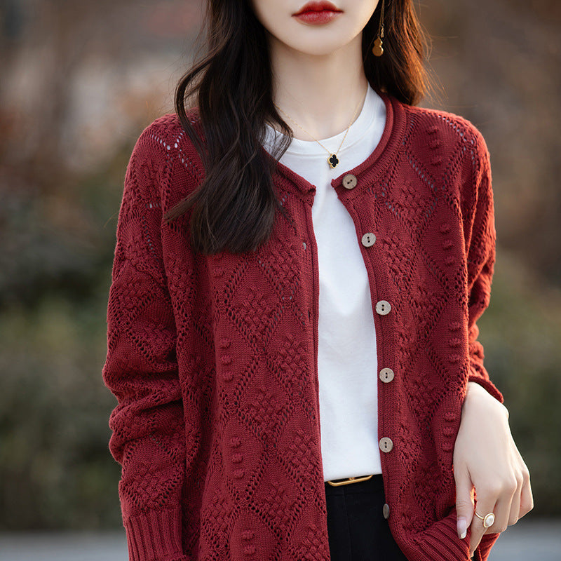 2026 Autumn/Winter New Arrival - Premium Pure Cotton Round Neck Hollow-Out Design Cardigan - Stylish Women's Coat