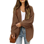 Women's lantern sleeve chunky knit cardigan 2026 autumn and winter new pocket knit sweater women's coat