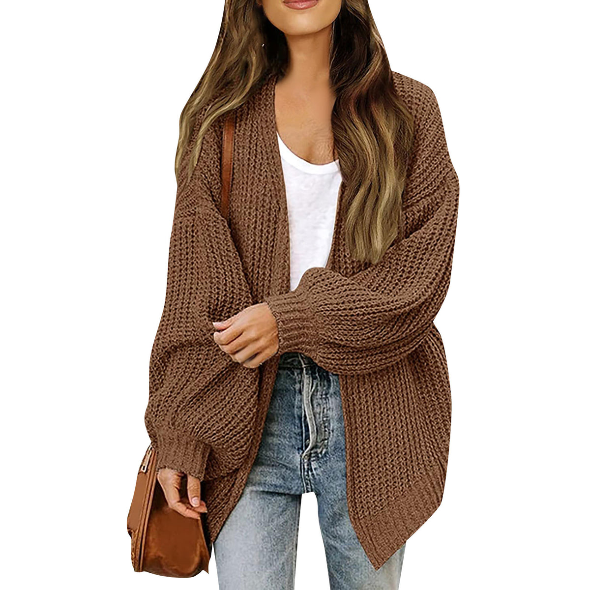 Women's lantern sleeve chunky knit cardigan 2026 autumn and winter new pocket knit sweater women's coat