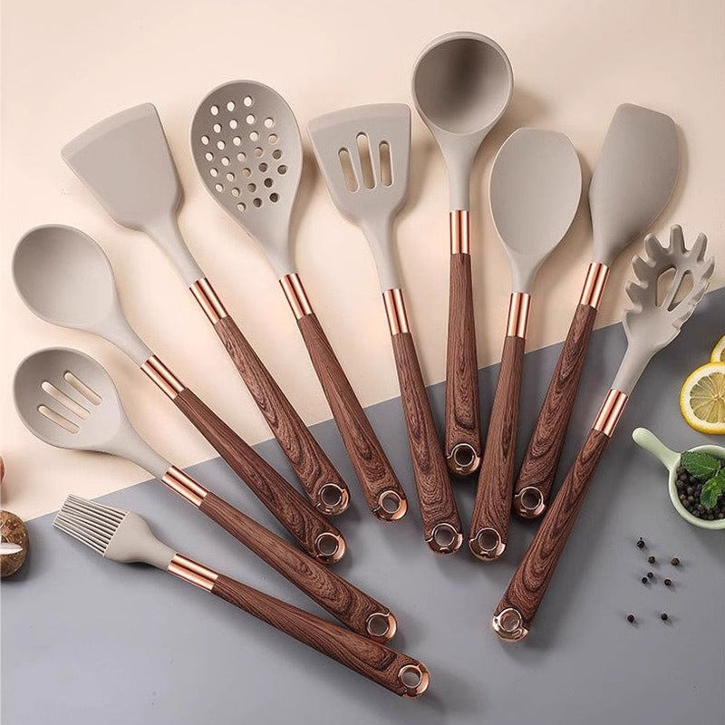 Silicone wood grain kitchenware set, 11-piece non-stick pan, spoon, and spatula set with anti-scalding gold-plated wood grain handles.
