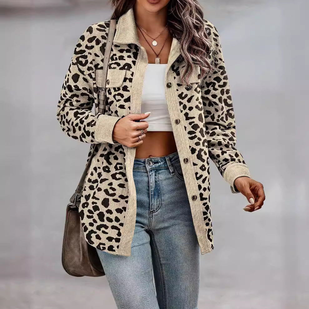 2026 Casual Style Cross-border Women's Clothing Autumn and Winter Fashion Leopard Print Button-down Long-sleeved Jacket