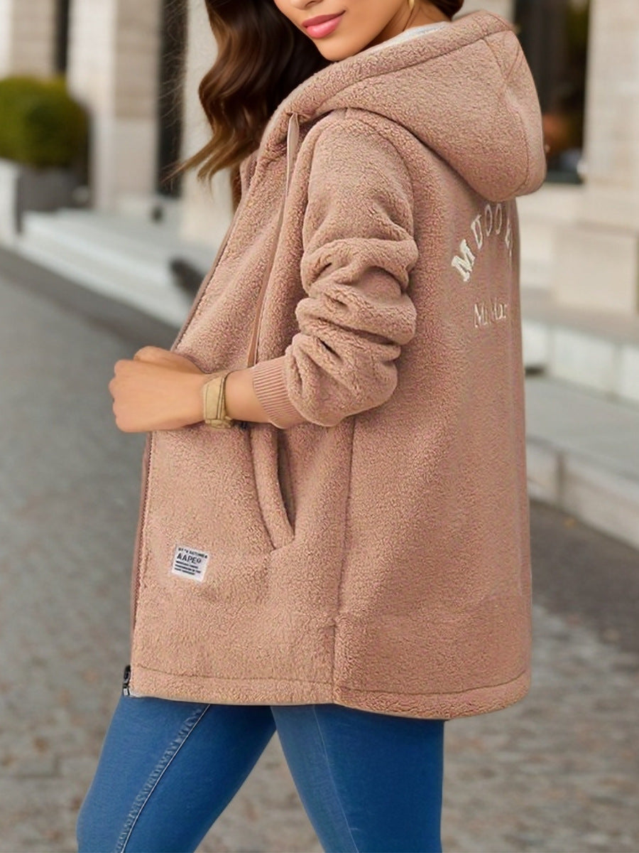 Women's Fleece-Lined Thick Mid-Length Lambswool Sweatshirt, 2026 New Autumn/Winter Style, Embroidered Letter Zipper Jacket